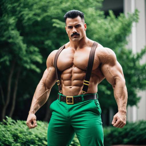 Muscular Man in Green Pants and Suspenders