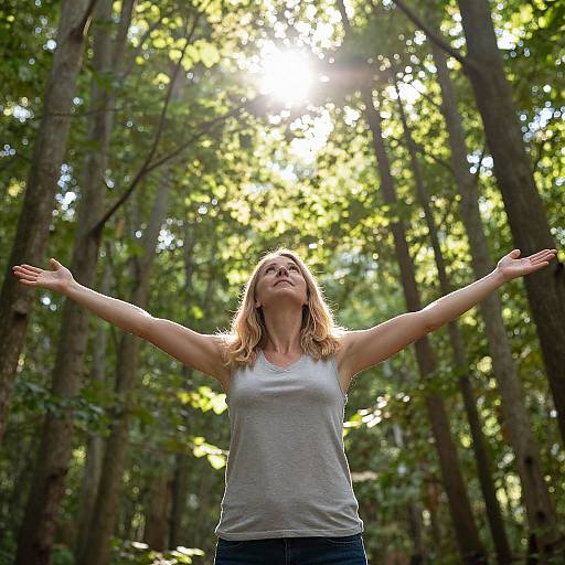 Photograph of a blonde woman with arms outstretched, wearing a gray tank top, standing in a sunlit forest with tall trees.