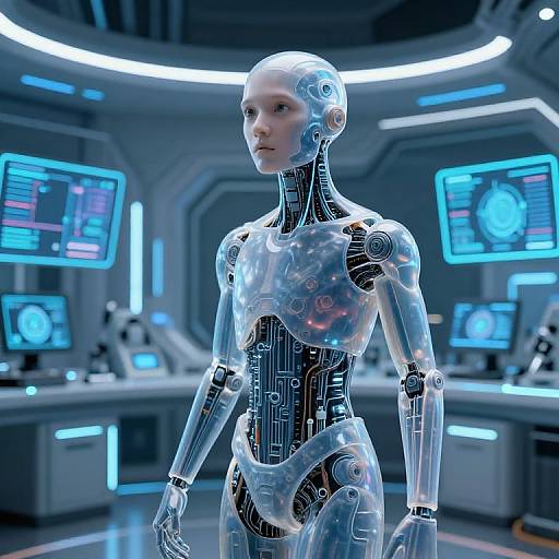 Photorealistic CGI of a transparent, futuristic female android with intricate circuitry in a high-tech laboratory, surrounded by glowing blue screens.