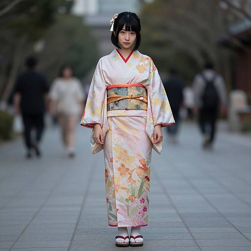 Photograph of an East Asian woman in a white floral kimono with orange obi, black bob haircut, white geta sandals, walking down a