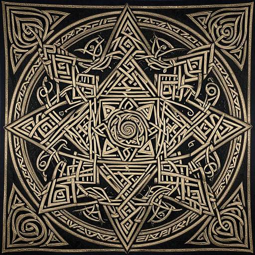 Intricate, black-and-white, Celtic-inspired, geometric mandala with interlocking triangles, circles, and symbols, set against a dark background,