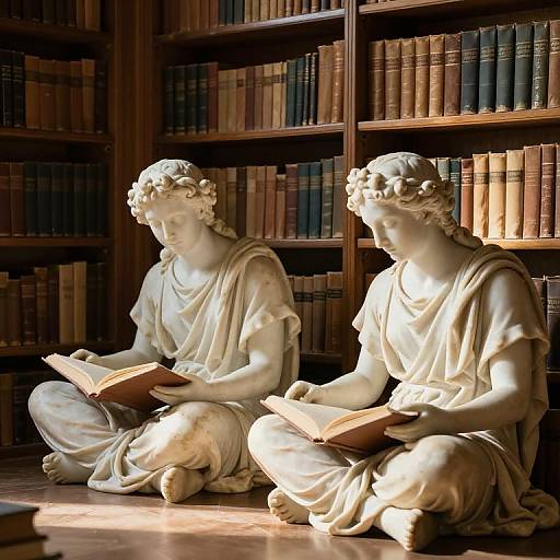 Photograph of two classical white marble statues of robed women sitting on the floor, reading books in a dimly lit library with wooden bookshelves