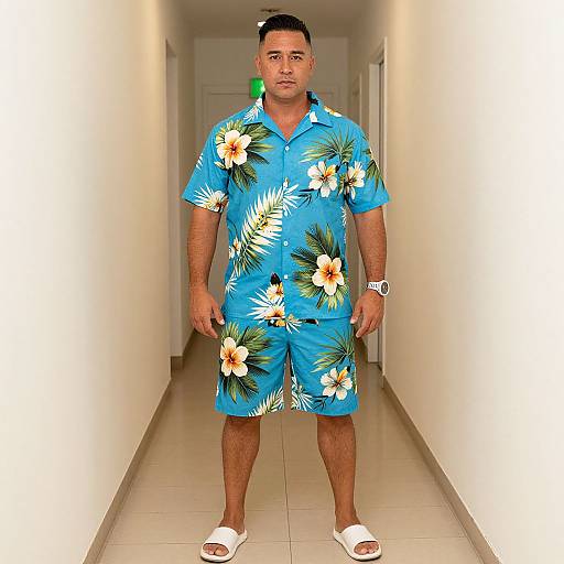Photograph of a medium-built man with short black hair, wearing a bright blue Hawaiian shirt with white and orange flowers, and matching shorts, standing in