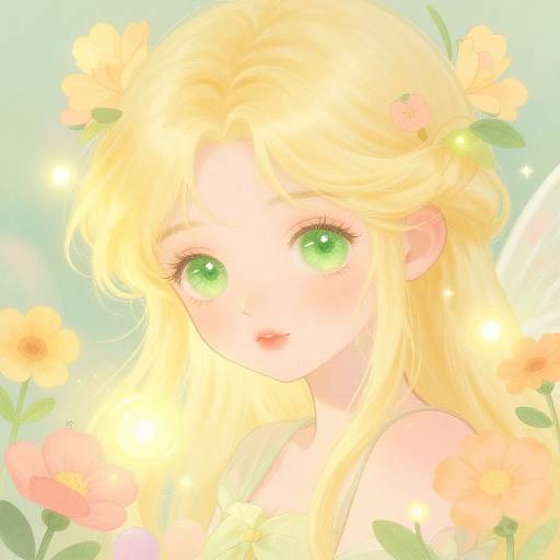 Digital anime-style portrait of a blonde girl with green eyes, surrounded by soft yellow and pink flowers, glowing with a dreamy, ethereal light.