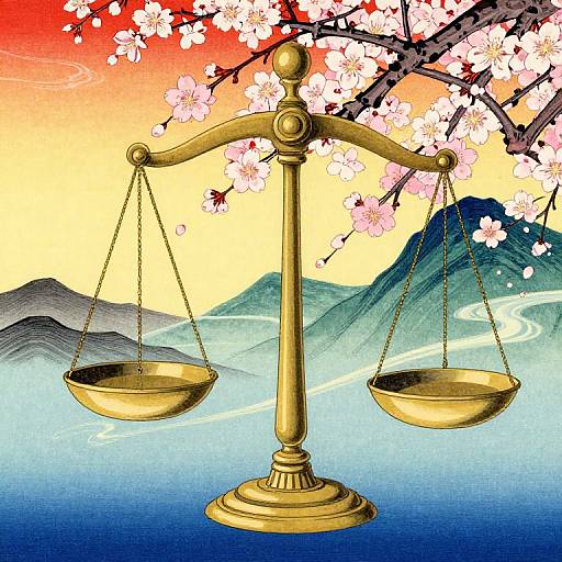 Golden balance scale with two empty bowls, set against a vibrant sunset background of cherry blossoms, mountains, and a winding river.