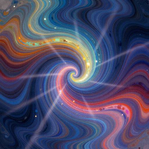 Abstract digital artwork featuring swirling, colorful galaxy-like patterns in blue, orange, and red with bright star-like dots and radiant light beams.