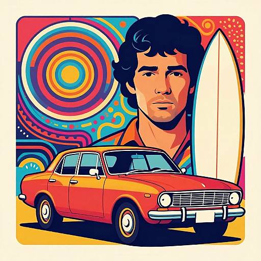 Bright, psychedelic pop art illustration of a muscular, tan-skinned man with dark curly hair, red vintage car, and white surfboard.