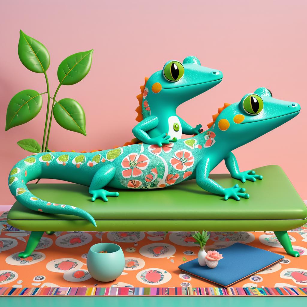 Whimsical Gecko Yoga on a Rose Couch