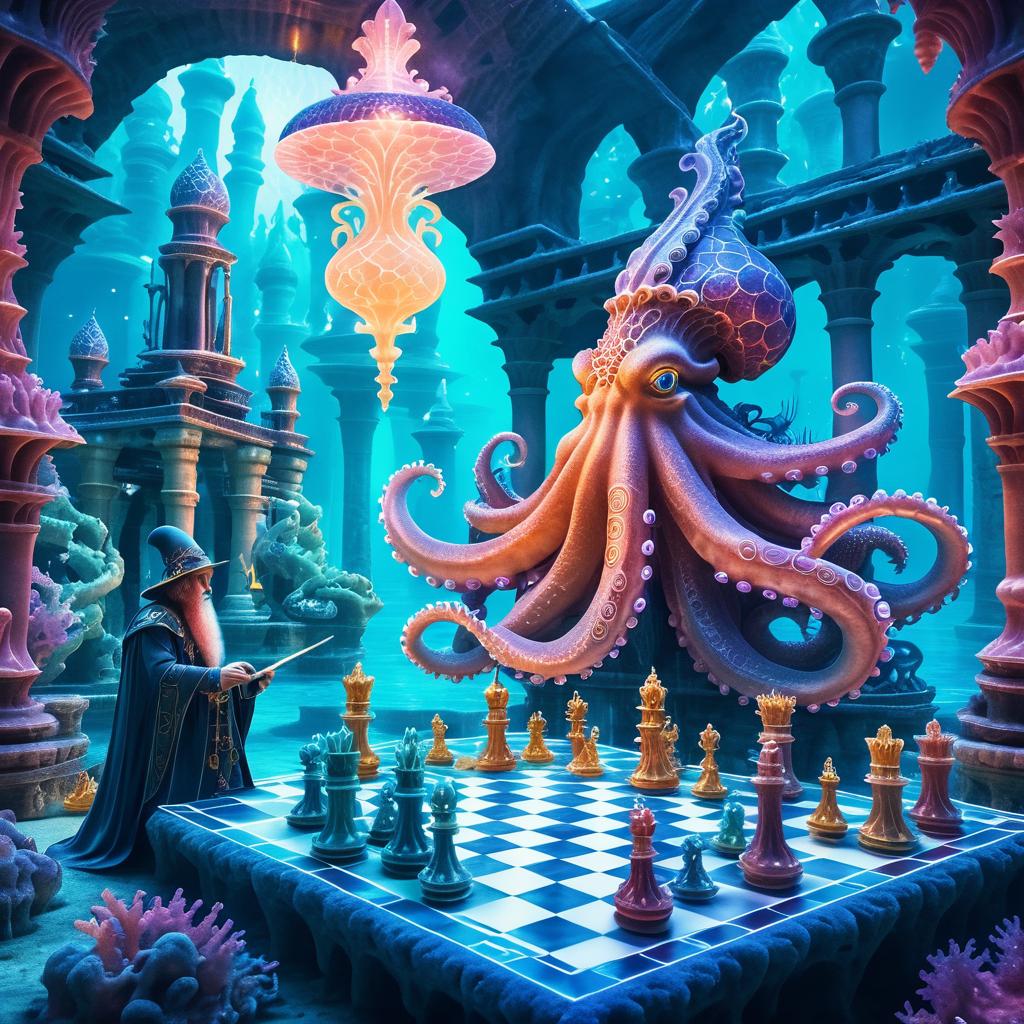 Surreal Chess Match: Octopus and Wizard