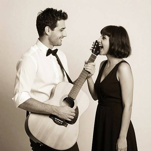 Playful Couple with Guitar in Sepia