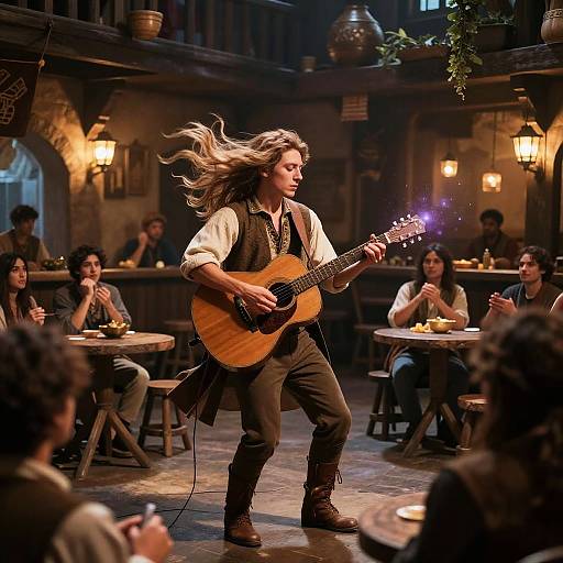 Air Genasi Bard Performing in Medieval Tavern