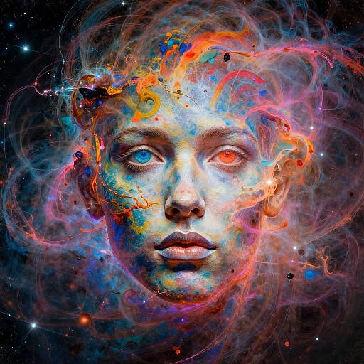 Vibrant digital portrait of a face with heterochromatic eyes, surrounded by swirling, colorful cosmic energy against a starry black background.