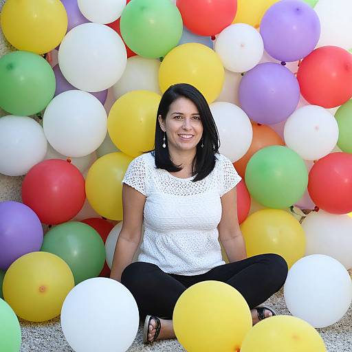 Smiling Woman Amidst Colorful Balloons