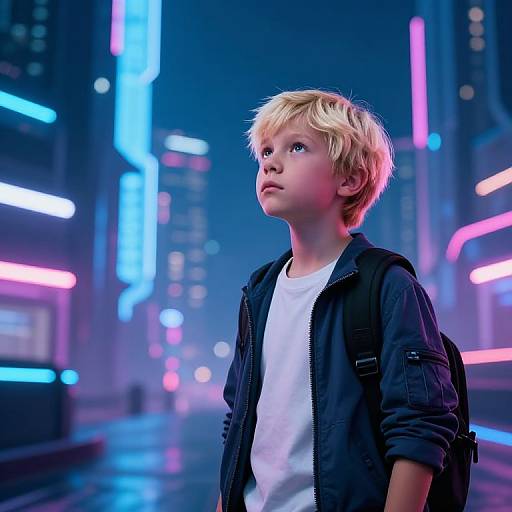 Blond Boy Exploring Neon Cyberpunk City
