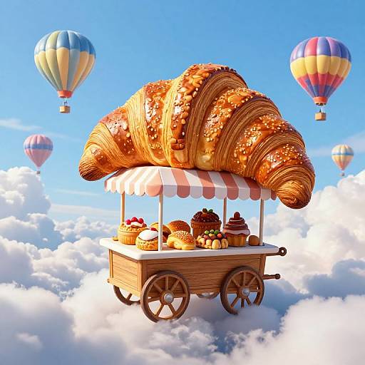 Whimsical digital illustration of a giant, ornate croissant food cart with pastries, floating on clouds with colorful hot air balloons.