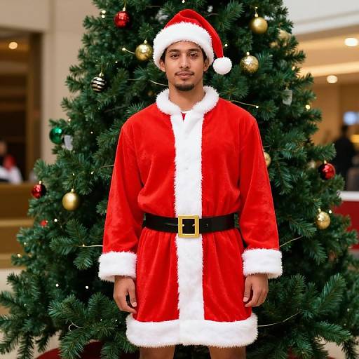 Photograph of a man with medium skin tone wearing a red Santa outfit with white fur trim, black belt, and Santa hat, standing in front of