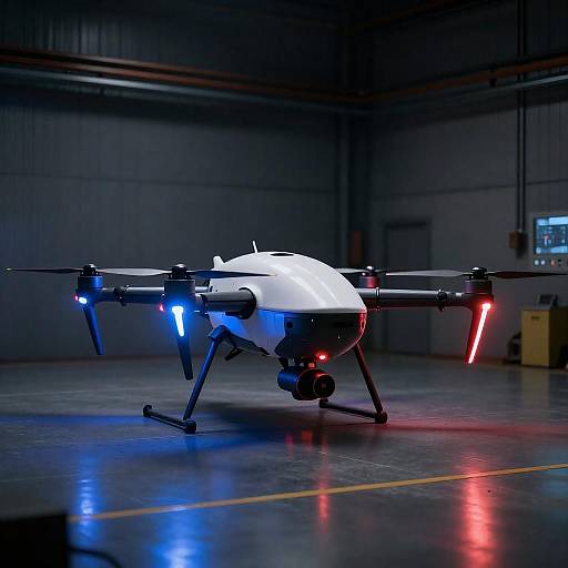 Futuristic Four-Prop Drone in Hangar