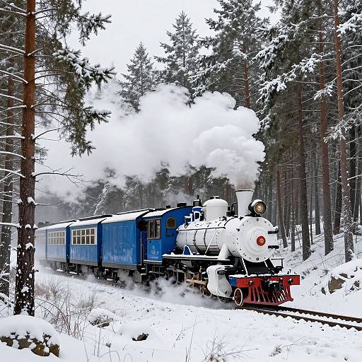 Vintage Blue Steam Train in Winter