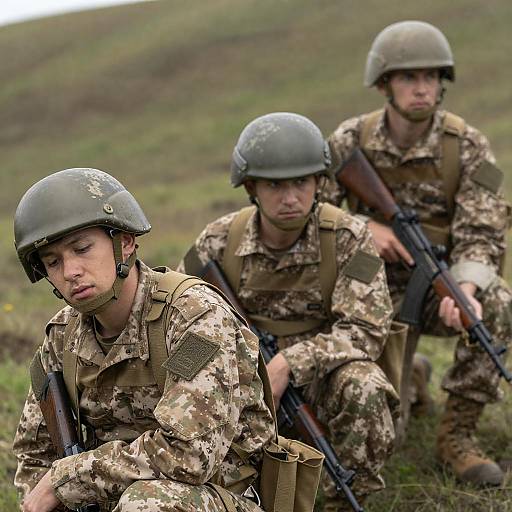 Three Soldiers in Camouflage Gear on Hill