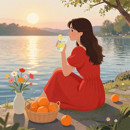 Digital illustration of a woman in a red dress drinking from a bottle by a sunset-lit lake, surrounded by oranges, flowers, and a wicker