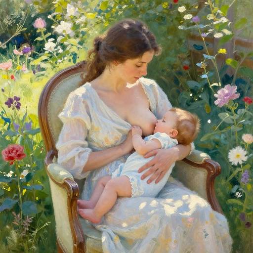 Mother Breastfeeding Baby in Sunlit Garden