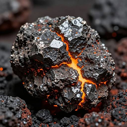 Photograph of a jagged, glowing, black volcanic rock with bright orange molten cracks, surrounded by dark, charred lava fragments.