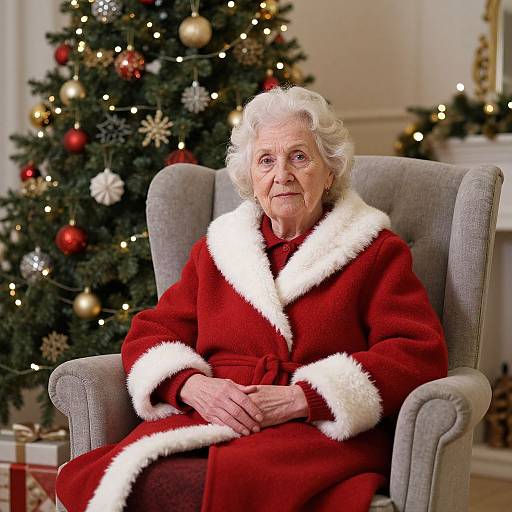 Photograph of an elderly white woman with white hair, wearing a red Santa coat with white fur trim, sitting in a gray armchair in front of