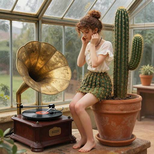 Photograph of a curly-haired woman in a white blouse and prickly cactus skirt, sitting beside a vintage gramophone and record player, in a