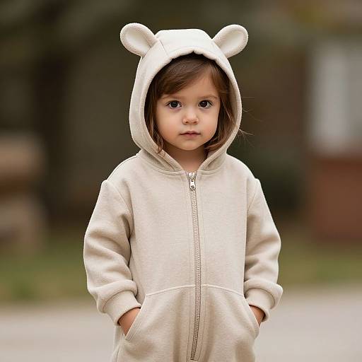 Photograph of a young child with dark eyes and brown hair, wearing a white bear-eared hoodie, standing outdoors with hands in pockets. Background is