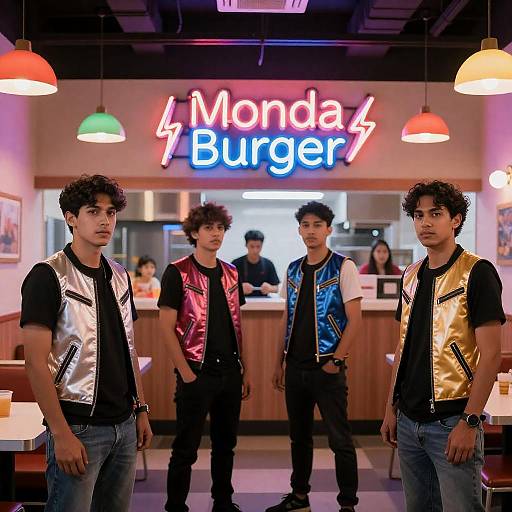 Four Men in Shiny Vests at Monda Burger