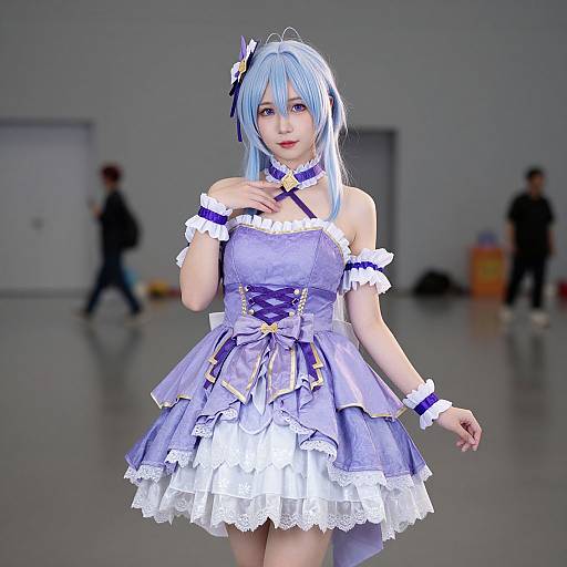 Digital CGI of a blue-haired anime girl in a purple and white frilled dress, standing in a blurry indoor hallway.