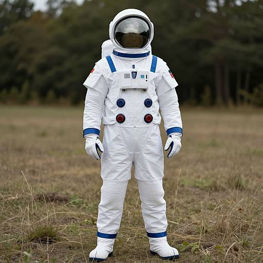 Photograph of a child in a white astronaut suit with blue accents and red buttons, standing in a grassy field with a forest background.