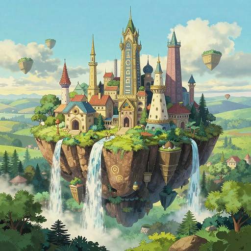 Fantasy Floating Island City with Waterfalls