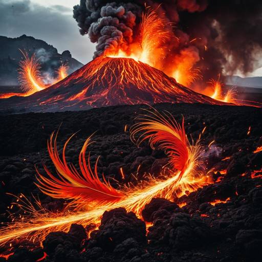 Fiery Phoenix Rising Over Erupting Volcano
