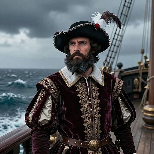 Photograph of a bearded man in 17th-century pirate attire with a black hat, feather, and ornate maroon velvet doublet,