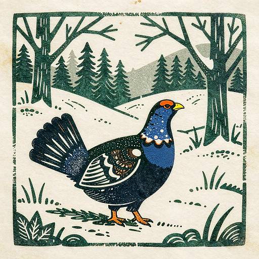 Woodcut Willow Ptarmigan in Snow