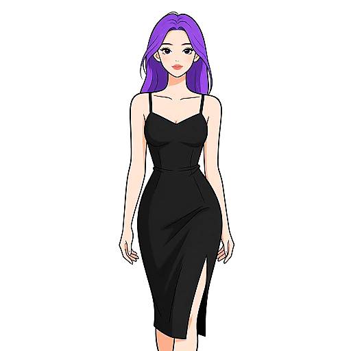 Digital anime-style drawing of a woman with long purple hair, wearing a black, form-fitting, spaghetti-strap dress, standing against a white background