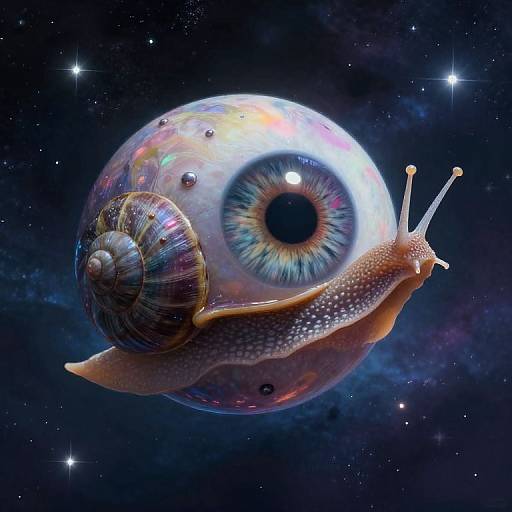 Digital artwork of a colorful, iridescent snail with a large, detailed eye, floating in outer space with stars in the background.