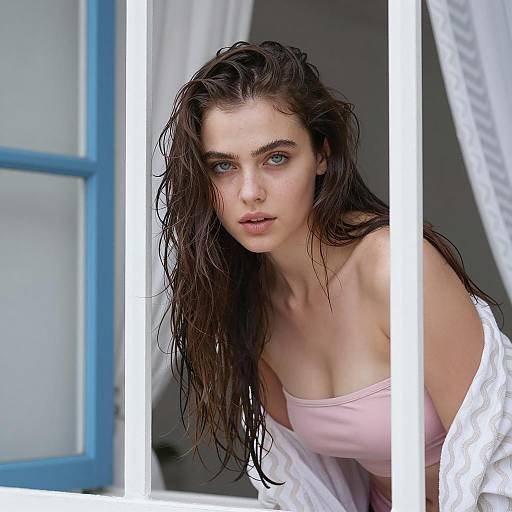 Young Woman Leaning Through Window Bars