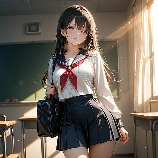 Blushing Schoolgirl in Sunlit Classroom