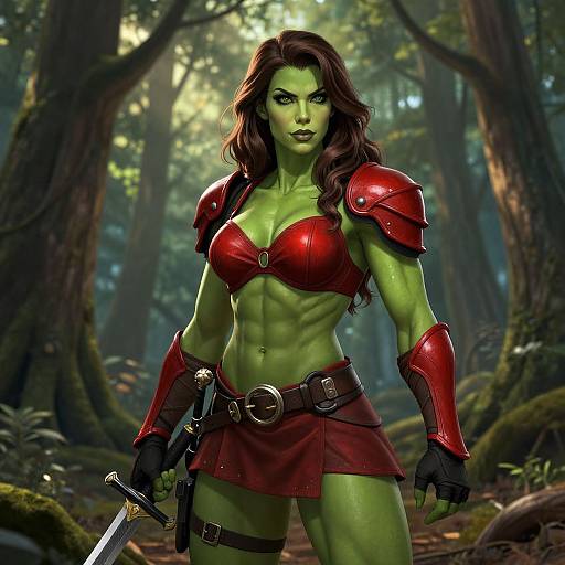 Digital art of a muscular, green-skinned woman with long brown hair, wearing red armor and skirt, holding a sword in a forest.