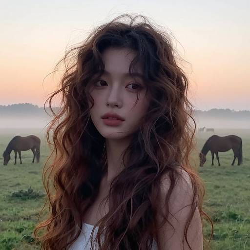 Photograph of a young Asian woman with long, wavy brown hair, wearing a white tank top, standing in a misty pasture at sunset,