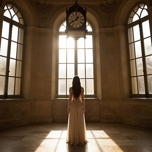 Photograph of a woman in a flowing white dress, standing with back to camera, facing large arched windows, illuminated by bright sunlight, with an