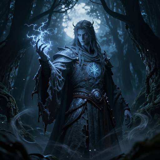Digital fantasy art: Dark-haired, horned sorcerer in tattered armor, glowing blue magic in hand, moonlit forest background, ethereal blue