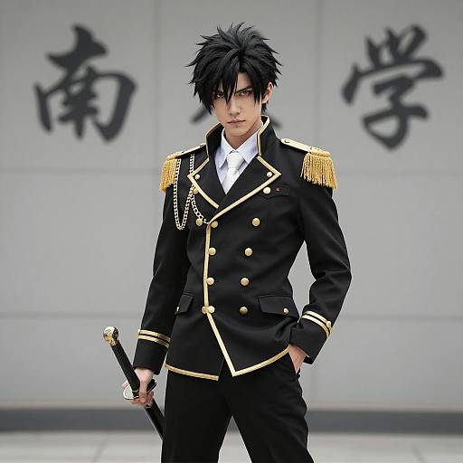 Man in Black and Gold Military-Style Jacket with Sword