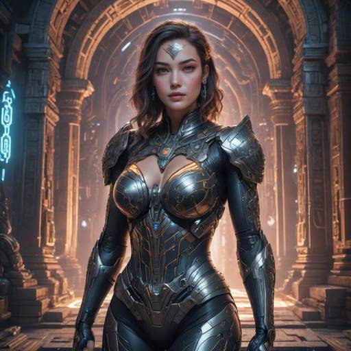 Futuristic Female Cyborg in Ancient Temple