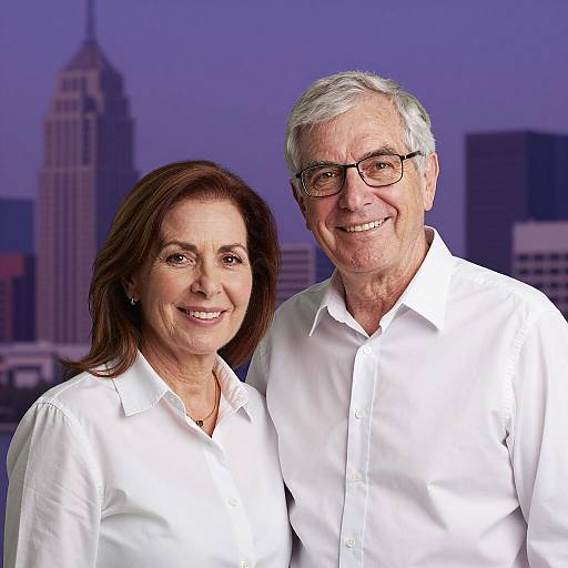 Smiling Older Couple with Cityscape Background