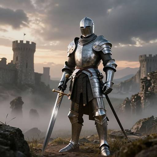 Photorealistic digital artwork of a knight in shiny silver armor, holding a sword, standing in a misty medieval castle landscape at sunset.