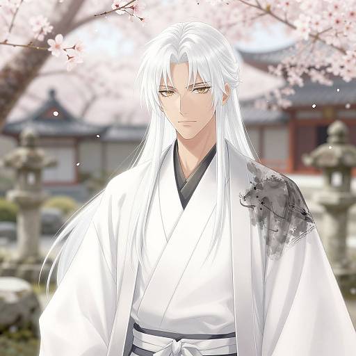 Digital anime-style drawing of a tall, white-haired man with long hair, wearing a white kimono with black sleeves, standing in front of cherry blossom