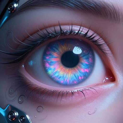 Hyper-realistic CGI close-up of a vibrant blue eye with iridescent rainbow-like flecks, surrounded by detailed lashes and delicate eyelids.